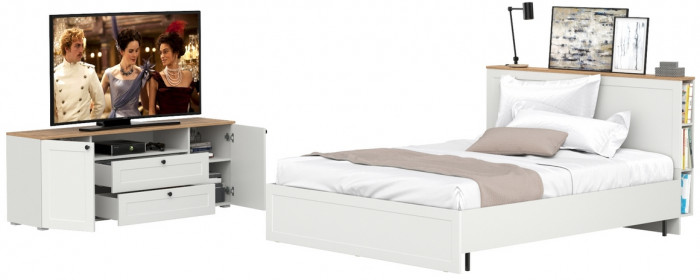 Остин 11.53 Кровать + ортопед + 16.47 Тумба под ТВ, белый шагрень/дуб крафт золотой