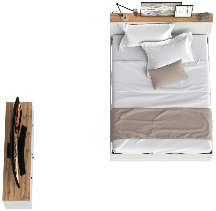 Остин 11.53 Кровать + ортопед + 16.47 Тумба под ТВ, белый шагрень/дуб крафт золотой