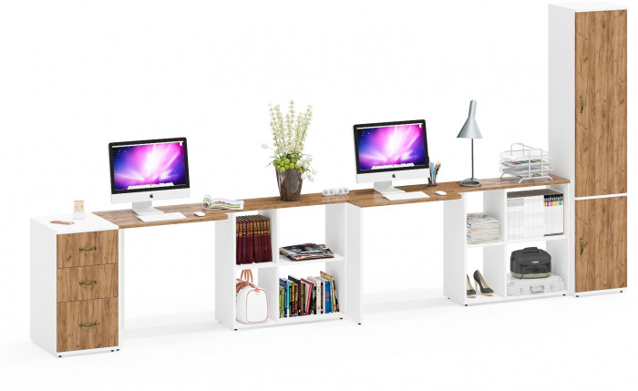 Лидер-8 Стол + Стол + Пенал МД 22Б + Тумба МД 3.16, цвет белый шагрень/крафт золото, ШхГхВ 410х50/37,5х75/190 или 270х120/50х75/190 см., НЕ ун. сб.