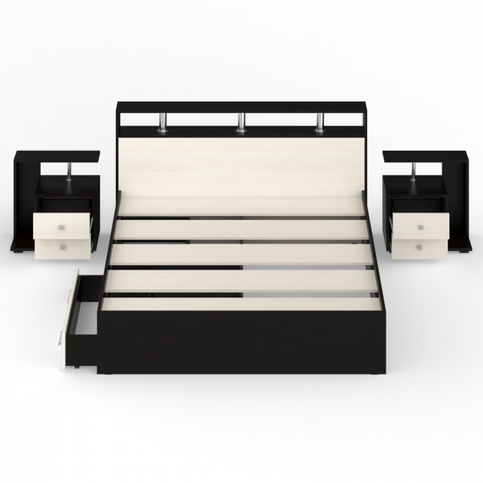 Камелия Кровать с ящиками 1600 + две тумбы, цвет венге/дуб лоредо, ШхГхВ 276х217х78,2 см., сп.м. 1600х2000 мм., без матраса, основание есть