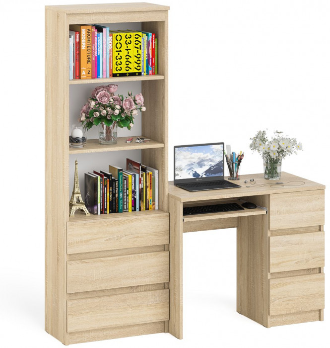 Мори Стол компьютерный МС-6 правый + Стеллаж МСТ600.3, цвет дуб сонома, ШхГхВ 150,4х50х179,6 см., выдвижные ящики справа, НЕ универсальная сборка
