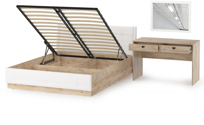 Муссон Кровать 11.28 + подъёмный ортопед + Бостон 12.69 + Зеркало СВК, цвет белый/дуб эндгрейн элегантный/кожзам белый, сп. м. 1600х2000 мм., б/м