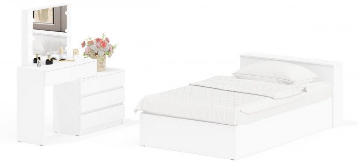 Ксения Кровать с ящиками 1200 + Стол косметический с подсветкой 110, белый
