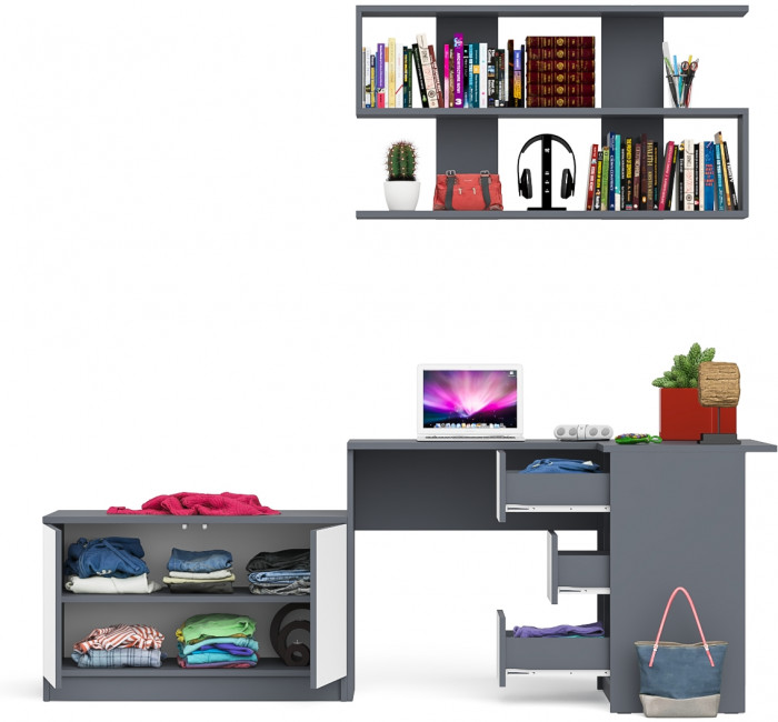 Мори компьютерный стол МС-16 правый + Тумба МА900.1 + Полка 1200, графит/белый