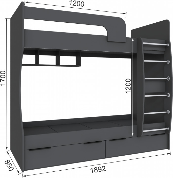 Кровать Мадрид (0,8) двухярусная, Графит серый