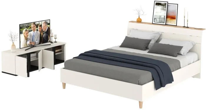 Муссон Кровать 11.41 + ортопед + Тумба под ТВ Квадро 13.276, цвет белый/чёрный/дуб эндгрейн элегантный, сп. м. 1600х2000 мм., б/м
