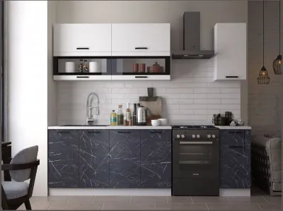 Кухня МДФ Техно 2000 Компоновка №2 (Белый, Белый глянец холодный/Мрамор темный)