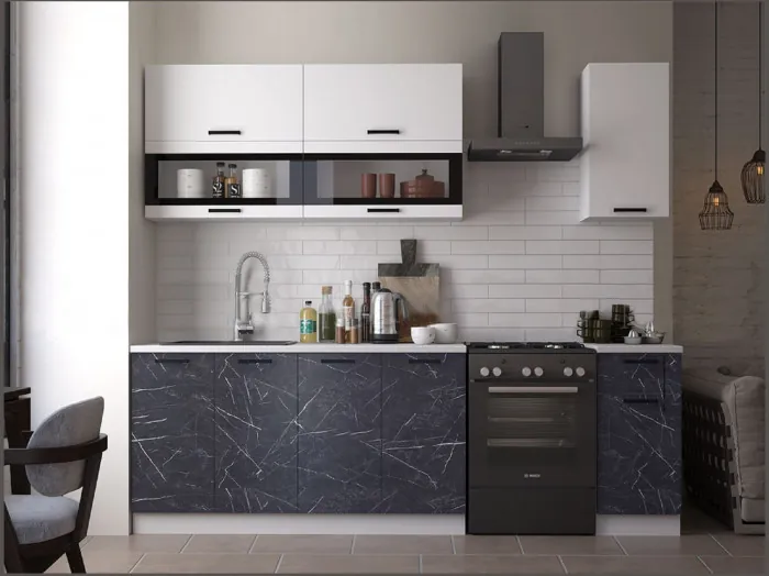 Кухня МДФ Техно 2000 Компоновка №2 (Белый, Белый глянец холодный/Мрамор темный)