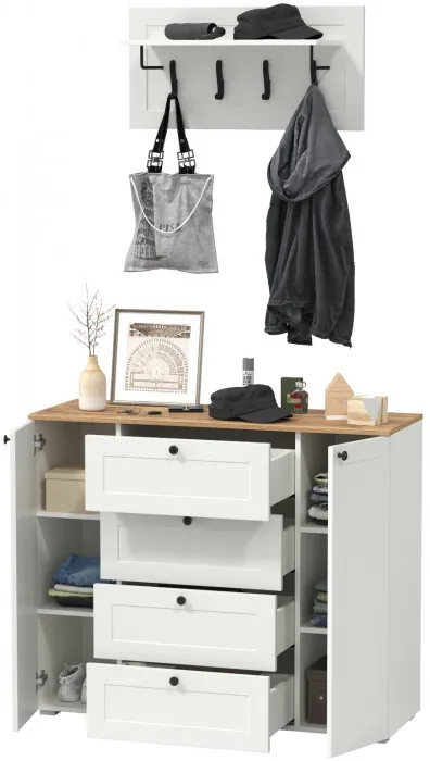 Остин 16.221 Комод + 15.12 Вешалка, цвет белый шагрень/дуб крафт золотой, ШхГхВ 120х41,9х210 см.