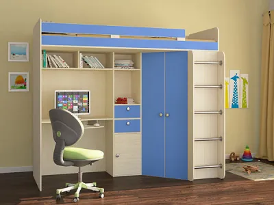 Кровать чердак Астра Дуб молочный/Голубой