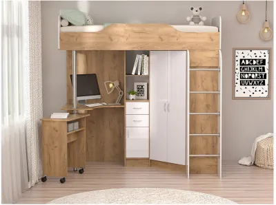 Кровать-чердак Бриз-1 80х190 (Дуб Крафт Золотой / Белый Глянец)