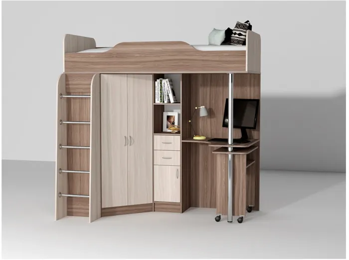 Кровать-чердак Бриз-1 80х190 (Дуб Крафт Золотой / Белый Глянец)