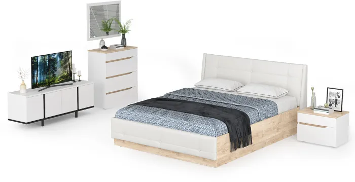 Муссон Кровать 11.28 + под. ортопед + 16.03 + 13.97 + Зеркало СВК + Тумба ТВ 13.276, белый/чёрный/дуб эндгрейн элегантный/кожзам белый, 1600х2000, б/м