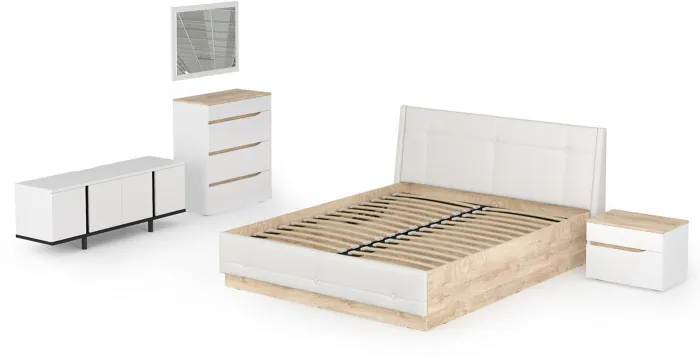 Муссон Кровать 11.28 + под. ортопед + 16.03 + 13.97 + Зеркало СВК + Тумба ТВ 13.276, белый/чёрный/дуб эндгрейн элегантный/кожзам белый, 1600х2000, б/м