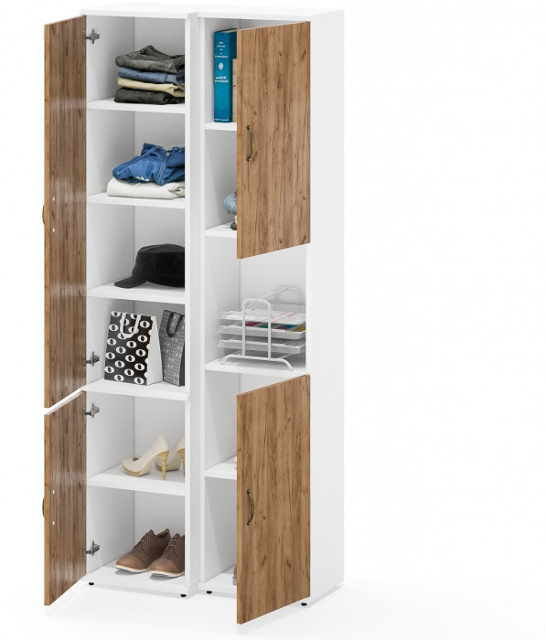 Лидер-8 Модуль Пенал + Пенал МД 22Б, цвет белый шагрень/крафт золото, ШхГхВ 80х37,5х190 см., универсальная сборка