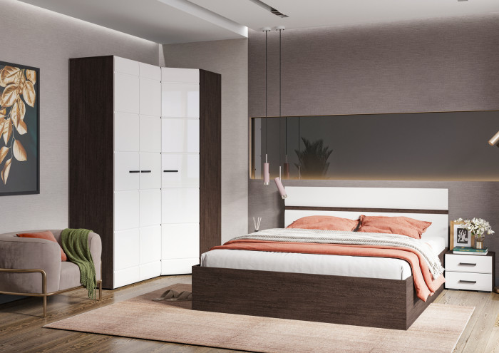 ЛИБЕРТИ КР 02 Кровать 1,6 (1632х900х2032) Фасад МДФ БЕЛЫЙ ГЛЯНЕЦ/Корпус ВЕНГЕ