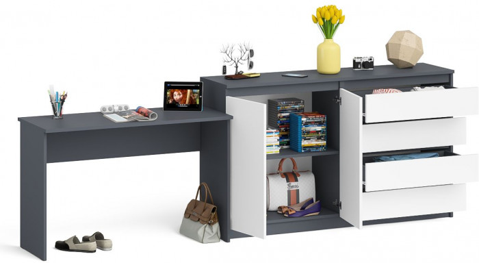 Мори Стол письменный МСП1200.1 + Комод МК1600.1, цвет графит/белый, ШхГхВ 280,8х50х94 см., универсальная сборка