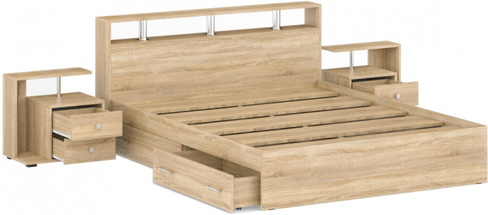 Камелия Кровать с ящиками 1600 + две тумбы, цвет дуб сонома, ШхГхВ 276х217х78,2 см., сп.м. 1600х2000 мм., без матраса, основание есть