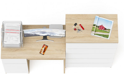 Мори Стол компьютерный МС-1 левый + Комод МК700.5, цвет дуб сонома/белый, ШхГхВ 160,4х50х114 см., выдвижной ящик слева, НЕ универсальная сборка