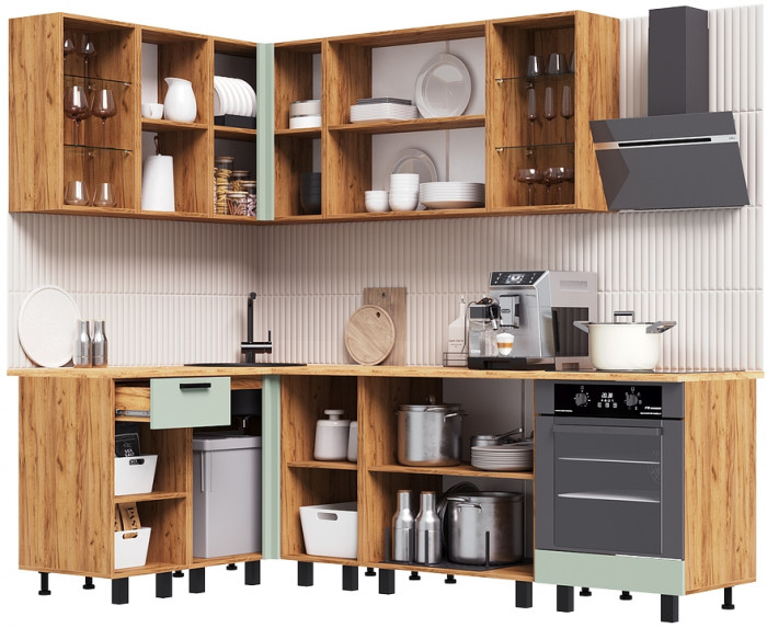 Кухня Техно 1,4х2,4м Компоновка №9, Крафт золотой/Олива софт