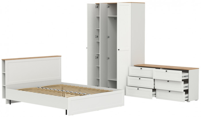 Остин 11.53 Кровать + ортопед + 13.336.03 Шкаф для одежды + 16.240 Комод, белый шагрень/дуб крафт золотой