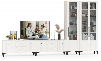 Валенсия Гостиная № 085, цвет ЛДСП белый шагрень/МДФ белый шагрень, ШхГхВ 405,3х38,3х225,2 см., универсальная сборка