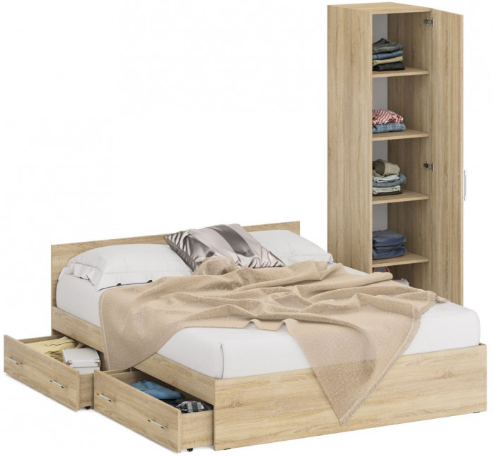 Кровать с ящиками 1600 + Пенал Стандарт, цвет дуб сонома, ШхГхВ 163,5х203,5х70 + 45х52х200 см., сп.м. 1600х2000 мм., без матраса, основание есть