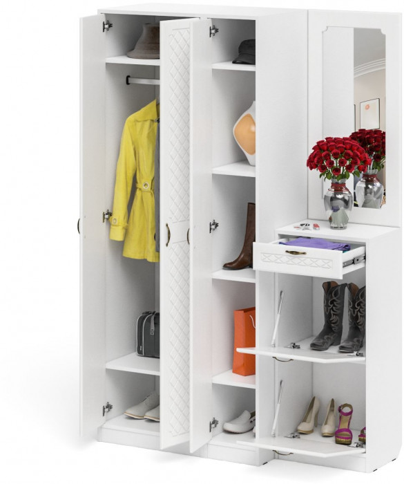 Прихожая П-6 Компоновка № 49, цвет белая шагрень/фасады МДФ белое дерево фрезеровка ромб, ШхГхВ 140х50х210 см., универсальная сборка