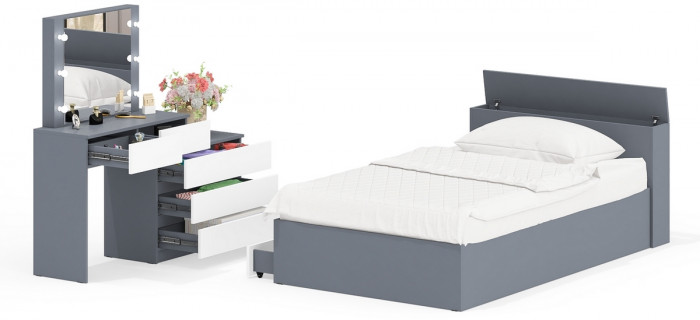Ксения Кровать с ящиками 1200 + Стол косметический с подсветкой 110, графит/белый