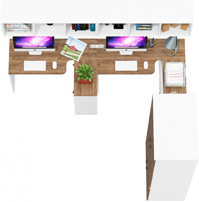 Лидер-8 Стол + Полка + Стол + Полка + Шкаф МД 19Б + Тумба МД 3.19, цвет белый шагрень/крафт золото, 450х50х75/190 или 230х200/50х75/190, НЕ ун. сб.