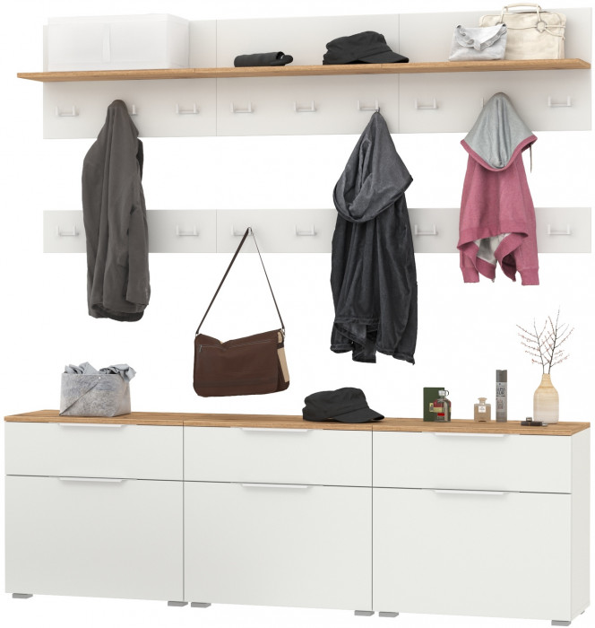 Октава Прихожая 08, цвет белый шагрень/дуб крафт золотой/фасады МДФ белый шагрень, ШхГхВ 194,7х35,4х197 см.