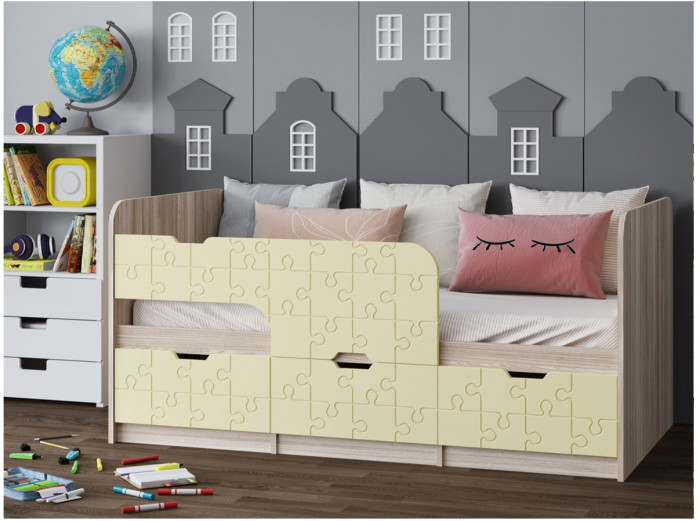 Детская кровать Юниор-9, 80х160 (Латте глянец, Ясень шимо светлый)