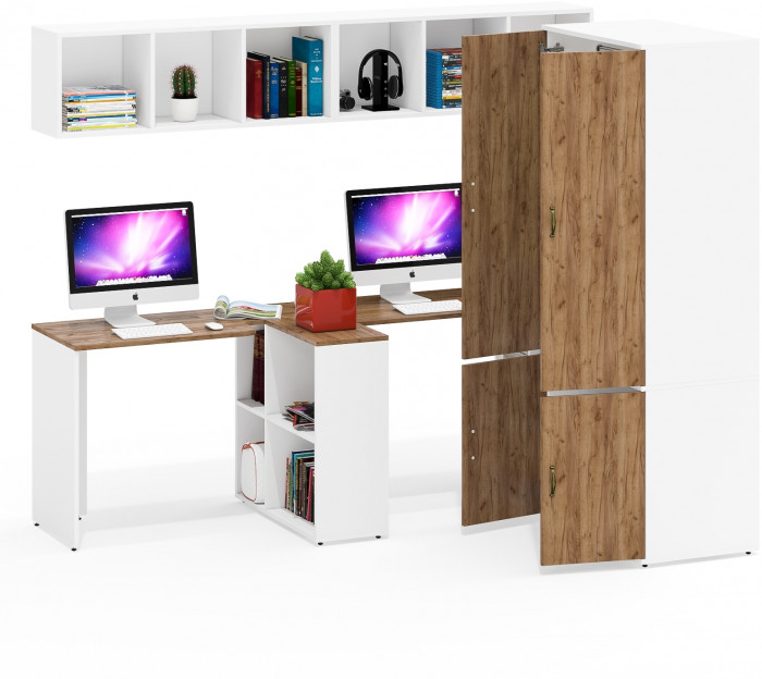 Лидер-8 Стол + Полка + Стол + Полка + Шкаф МД 19Б, цвет белый шагрень/крафт золото, ШхГхВ 410х50х75/190 или 230х160/50х75/190 см., НЕ ун. сборка