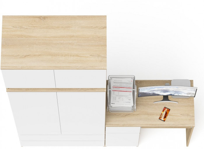 Мори Стол компьютерный МС-1 левый + Шкаф МШ900.1 + Антресоль МА900.1, цвет дуб сонома/белый, ШхГхВ 180,4х50,4х234,2 см., выдвиж. ящ. слева, НЕ ун. сб.