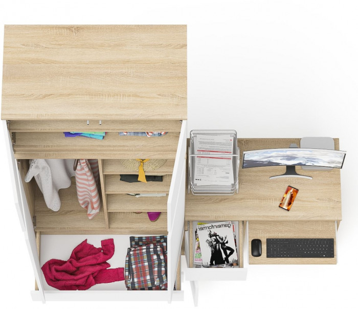 Мори Стол компьютерный МС-1 левый + Шкаф МШ900.1 + Антресоль МА900.1, цвет дуб сонома/белый, ШхГхВ 180,4х50,4х234,2 см., выдвиж. ящ. слева, НЕ ун. сб.