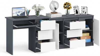 Мори Стол компьютерный МС-6 правый + Комод МК1200.3, цвет графит/белый, ШхГхВ 210,4х50х76,6 см., выдвижные ящики справа, НЕ универсальная сборка