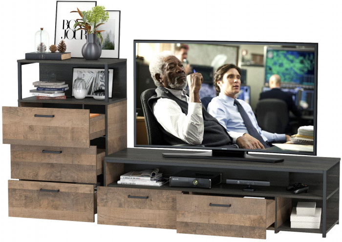 Трувор 13.70 Тумба под ТВ + 13.307.02 Комод с ящиками, цвет дуб гранж песочный/интра, ШхГхВ 215,8х45,4х106,9 см., универсальная сборка