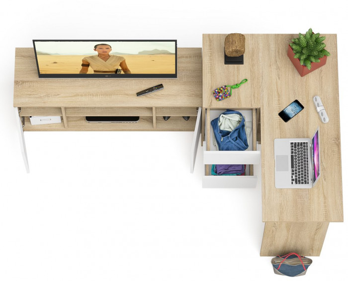 Мори компьютерный стол МС-16 левый + Тумба МТВ1200.1, дуб сонома/белый