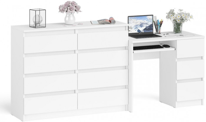 Мори компьютерный стол МС-6 правый + Комод МК1200.8, белый