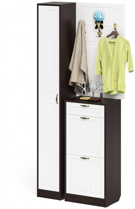 Прихожая П-6 Компоновка № 24, венге/фасады МДФ белое дерево фрезеровка прованс