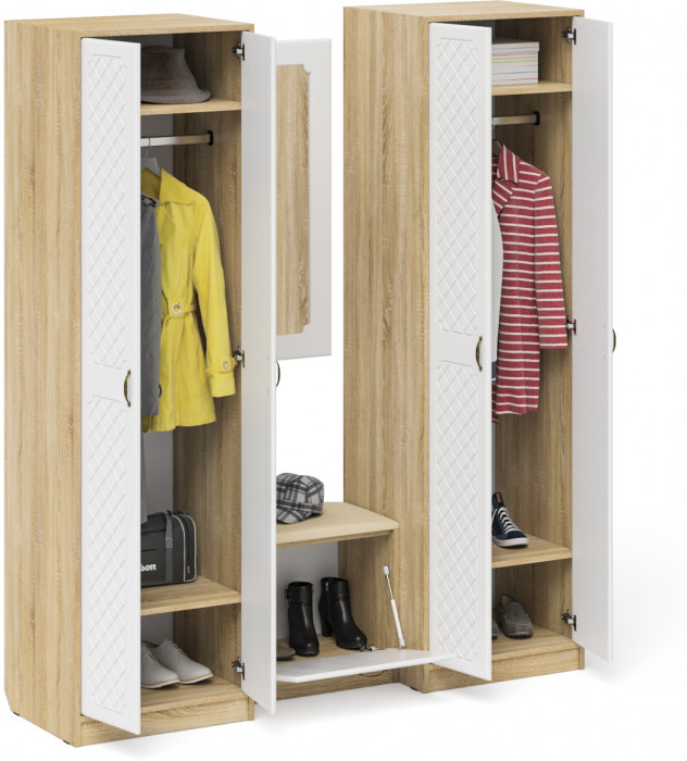 Прихожая П-6 Компоновка № 08, цвет дуб сонома/фасады МДФ белое дерево фрезеровка ромб, ШхГхВ 180х50х210 см., универсальная сборка