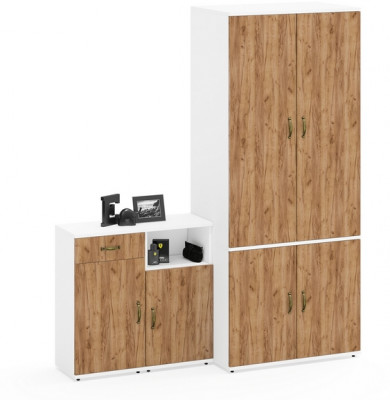 Лидер-8 Шкаф МД 19Б + Тумба МД 3.15 + Тумба МД 3.19, белый шагрень/крафт золото