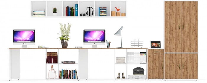 Лидер-8 Стол + Полка + Стол + Полка + Шкаф МД 20Б + Тумба МД 3.15, цвет белый шагрень/крафт золото, 450х50х75/190 или 230х200/50х75/190, НЕ ун. сб.