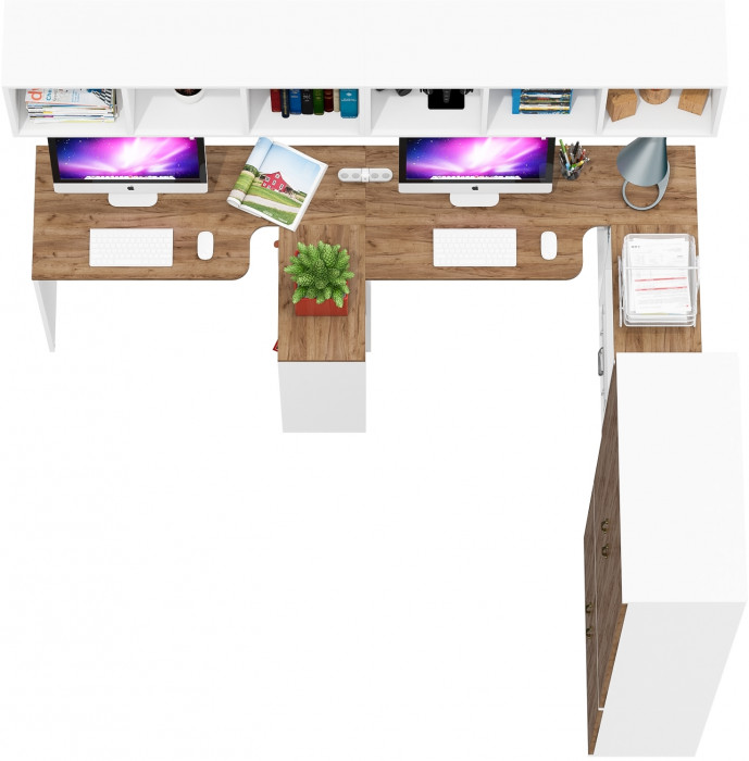 Лидер-8 Стол + Полка + Стол + Полка + Шкаф МД 20Б + Тумба МД 3.15, цвет белый шагрень/крафт золото, 450х50х75/190 или 230х200/50х75/190, НЕ ун. сб.