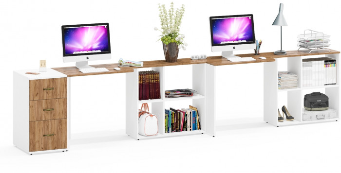 Лидер-8 Стол + Стол + Тумба МД 3.16, цвет белый шагрень/крафт золото, ШхГхВ 370х50/30х75 см. или 230х50/120х75 см., НЕ универсальная сборка