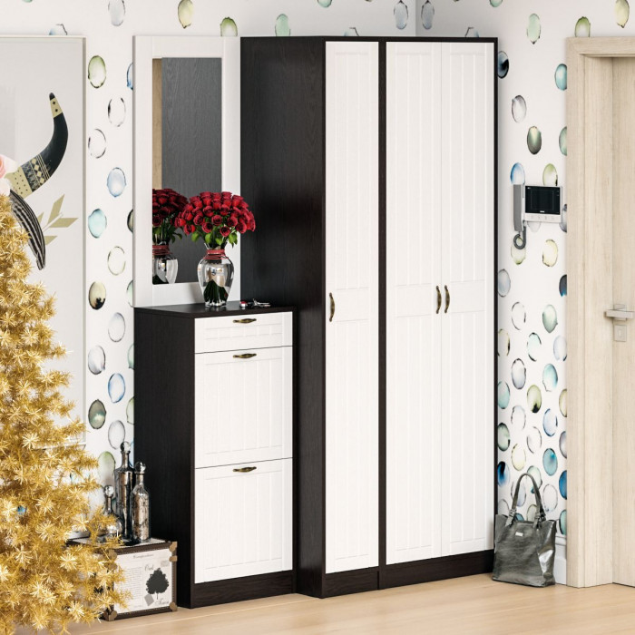 Прихожая П-6 Компоновка № 49, цвет венге/фасады МДФ белое дерево фрезеровка прованс, ШхГхВ 140х50х210 см., универсальная сборка