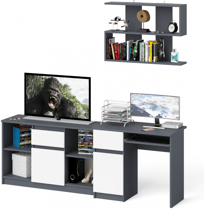 Мори компьютерный стол МС-1 левый + Тумба МТВ1204.1 + Полка 900, графит/белый