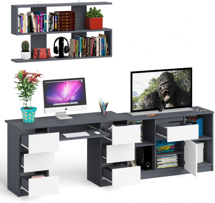 Мори компьютерный стол МС-2 + Тумба МТВ1204.1 + Полка 1200, графит/белый