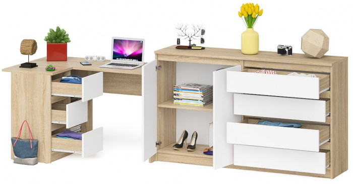 Мори Стол компьютерный МС-16 левый + Комод МК1600.1, цвет дуб сонома/белый, ШхГхВ 284,8х84,9х94 см., выдвижные ящики слев, НЕ универсальная сборкаа