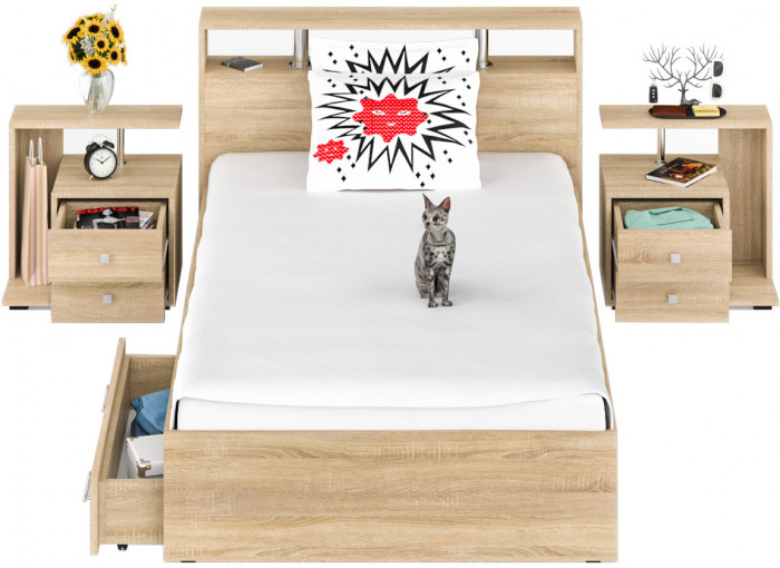 Камелия Кровать с ящиками 1200 + две тумбы, дуб сонома